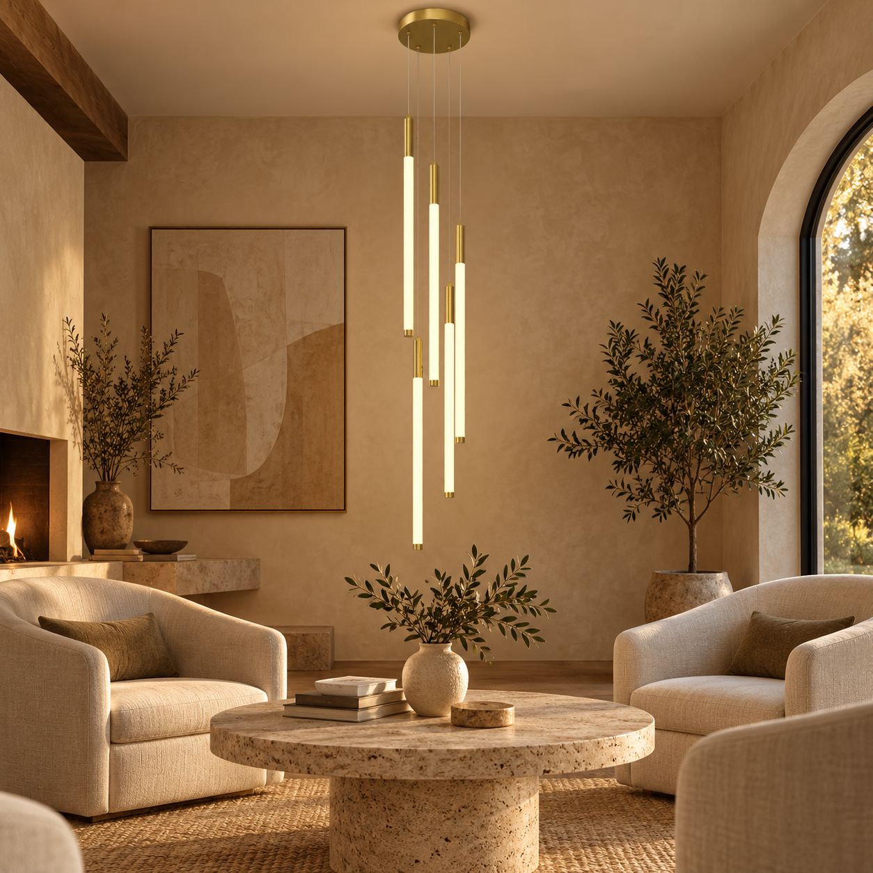 AVELLE cascading LED chandelier — 5-light gold installation setting