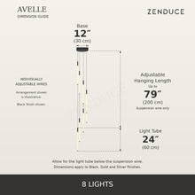 AVELLE 8 Lights dimensions, large inch measurements, centimetres, adjustable suspension length and Zenduce logo