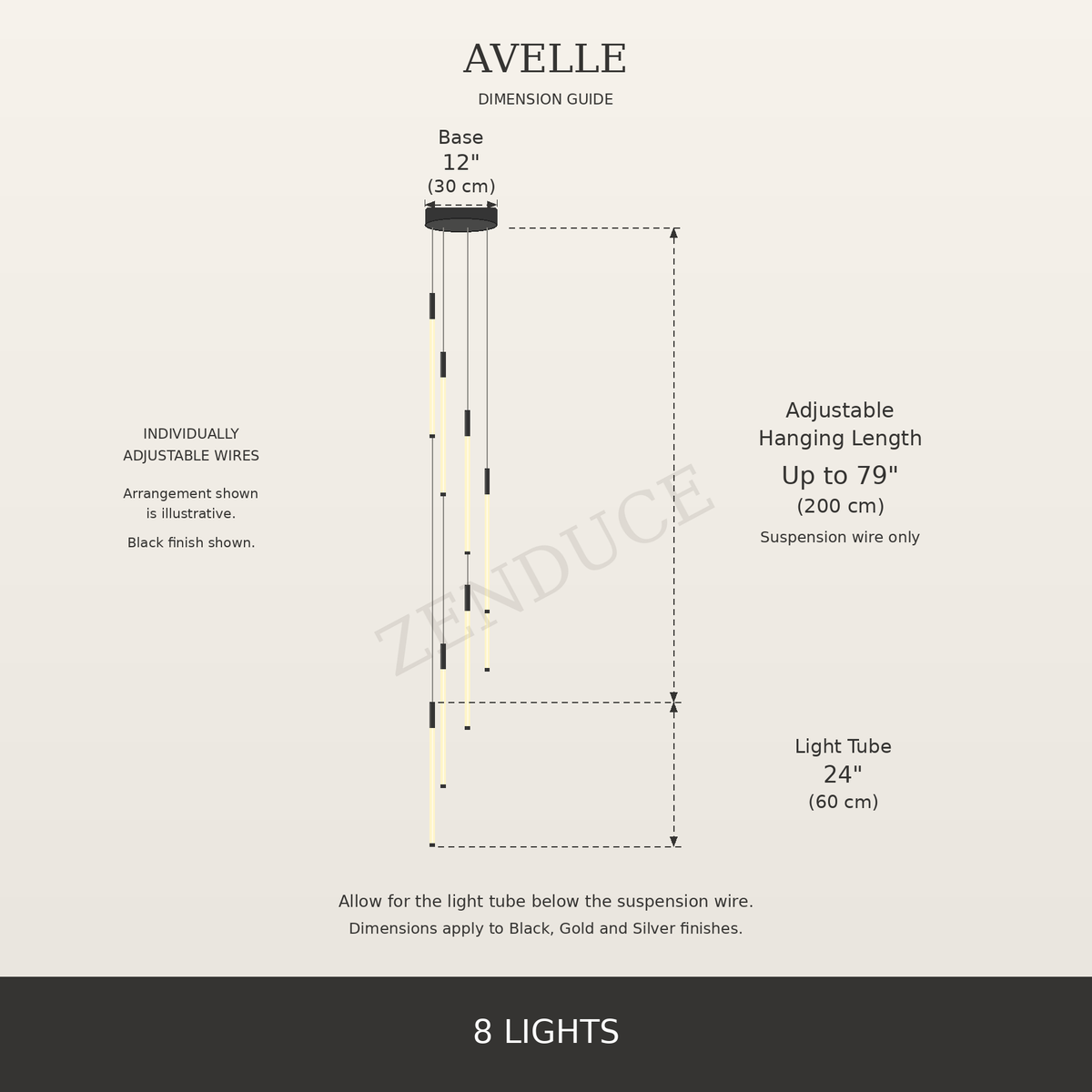 AVELLE 8 Lights dimension guide with base diameter, adjustable suspension wire length and 24-inch light tubes in inches and centimetres
