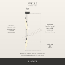 AVELLE 8 Lights dimension guide with base diameter, adjustable suspension wire length and 24-inch light tubes in inches and centimetres