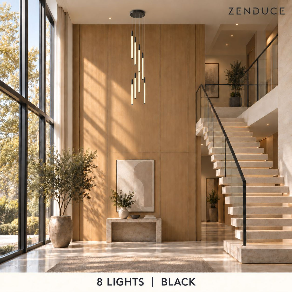 AVELLE 8 Lights in black in a photorealistic staircase setting, with oak walls, limestone steps and Zenduce branding