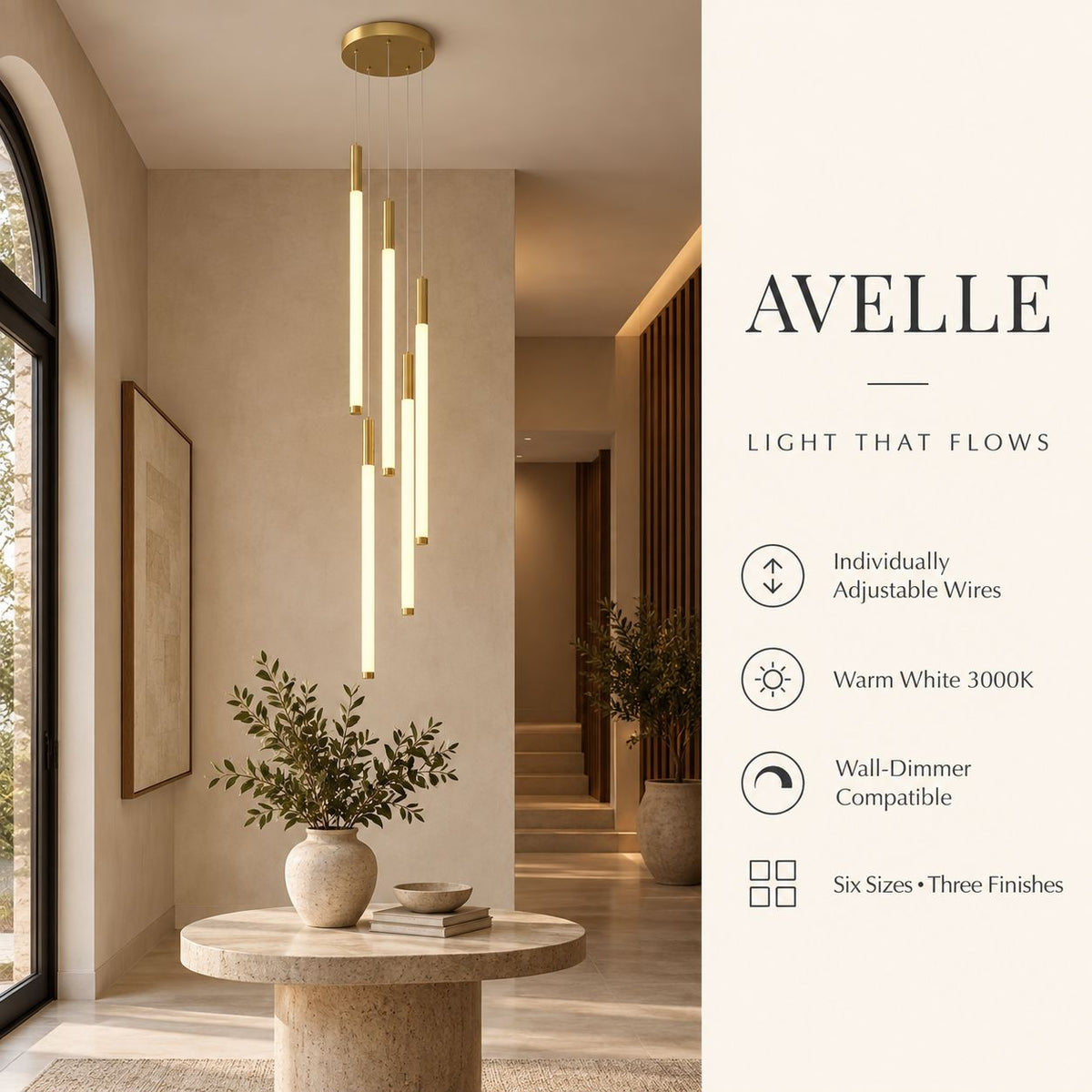 AVELLE cascading LED chandelier — adjustable hanging wires, 3000K light and dimmer compatibility