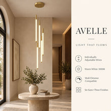 AVELLE cascading LED chandelier — adjustable hanging wires, 3000K light and dimmer compatibility
