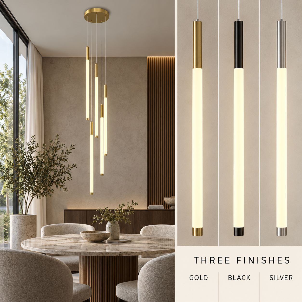 AVELLE cascading LED chandelier — gold, black and silver finish comparison