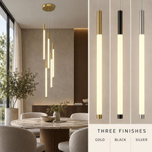AVELLE cascading LED chandelier — gold, black and silver finish comparison