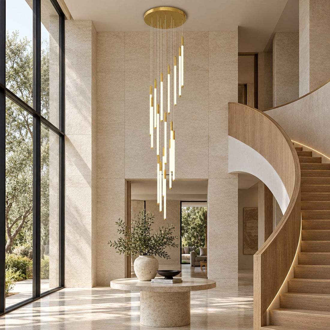 AVELLE cascading LED chandelier — gold finish in a tall foyer
