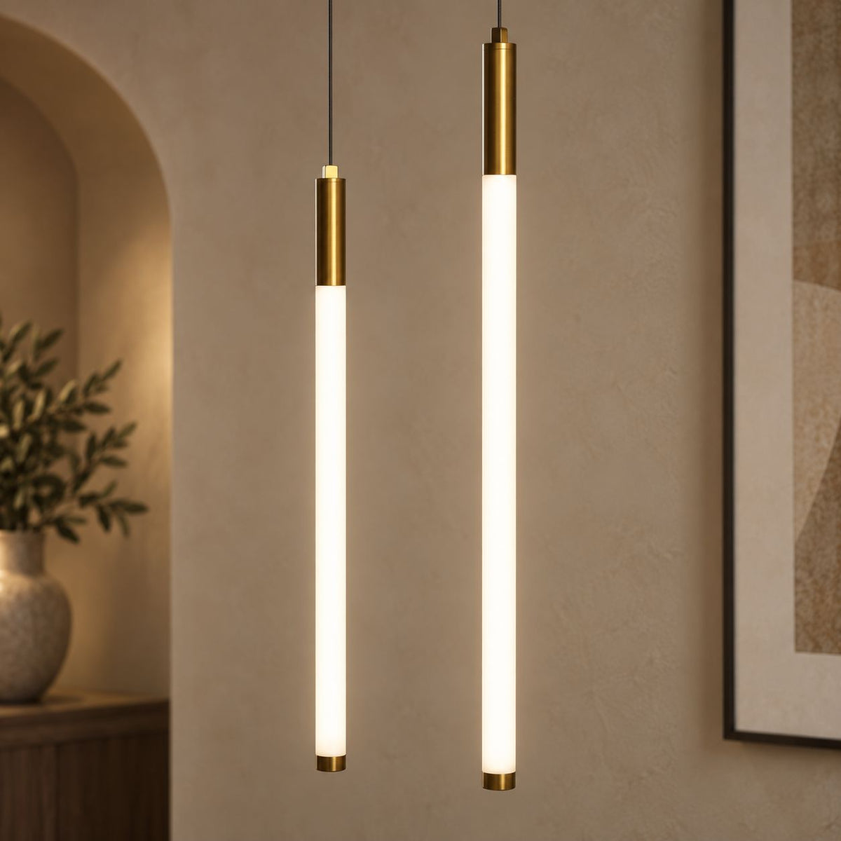 AVELLE cascading LED chandelier — gold sleeve and acrylic diffuser detail