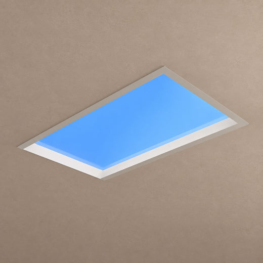 AZURE recessed blue sky ceiling panel in a mushroom taupe plaster ceiling