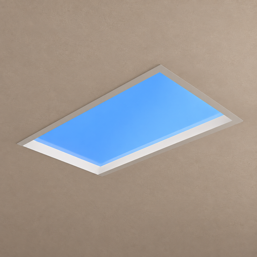AZURE recessed blue sky ceiling panel in a mushroom taupe plaster ceiling
