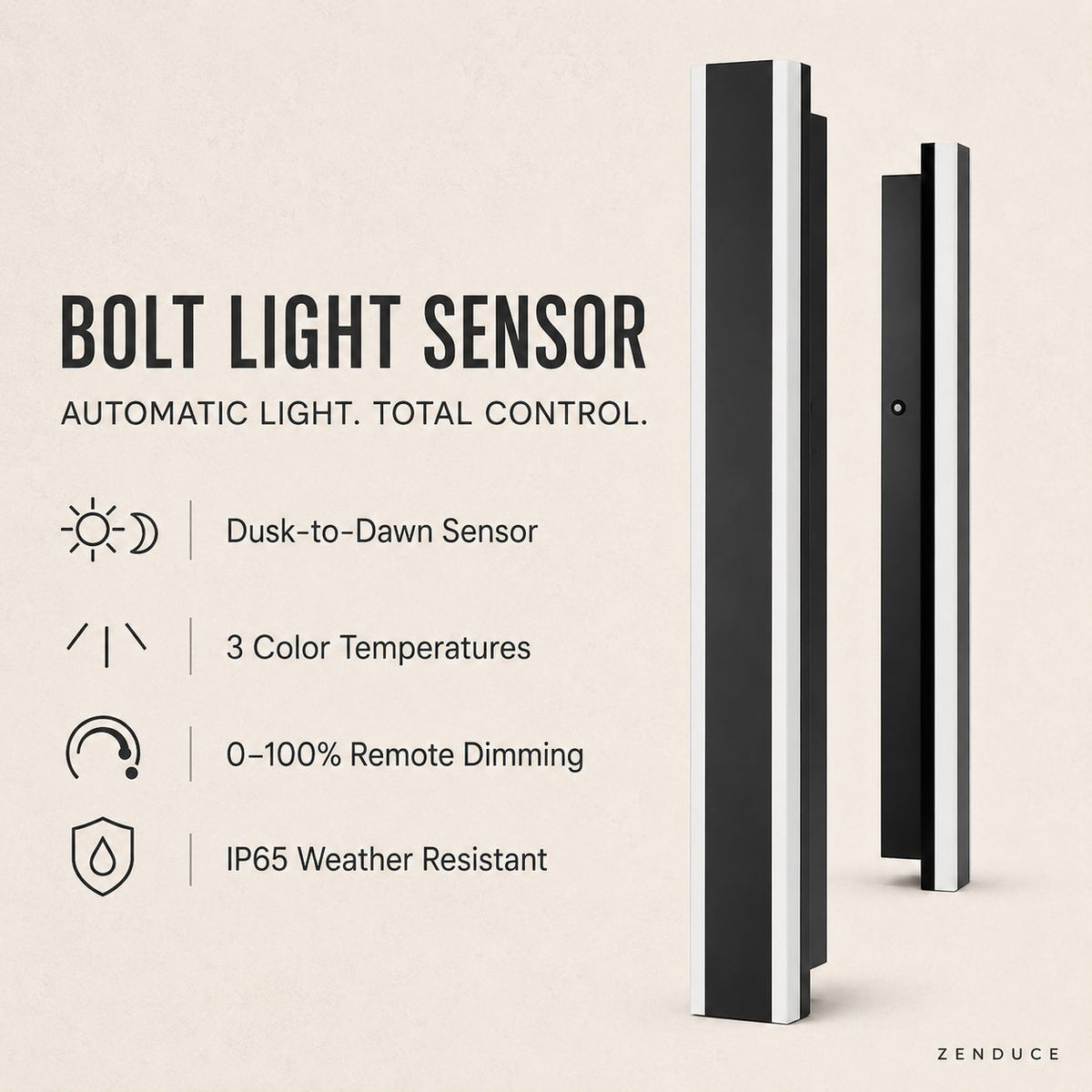Bolt Light Sensor feature overview with sensor dimming color temperature and IP65 callouts