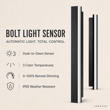 Bolt Light Sensor feature overview with sensor dimming color temperature and IP65 callouts