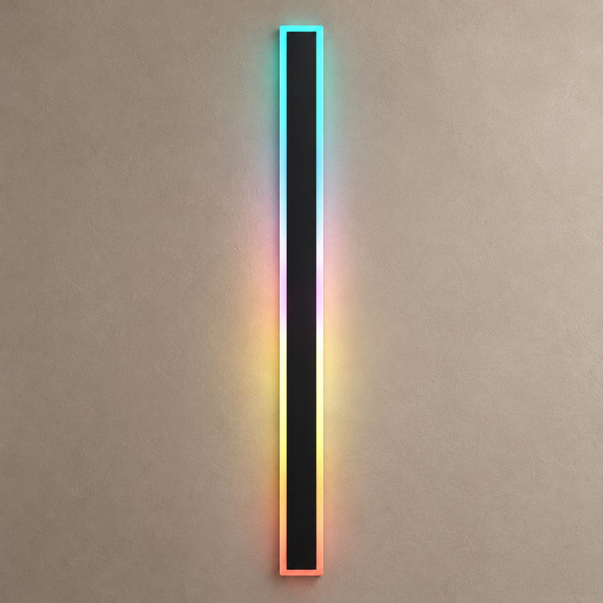 BOLT RGB slim black wall light with multicolor illuminated border on mushroom taupe plaster