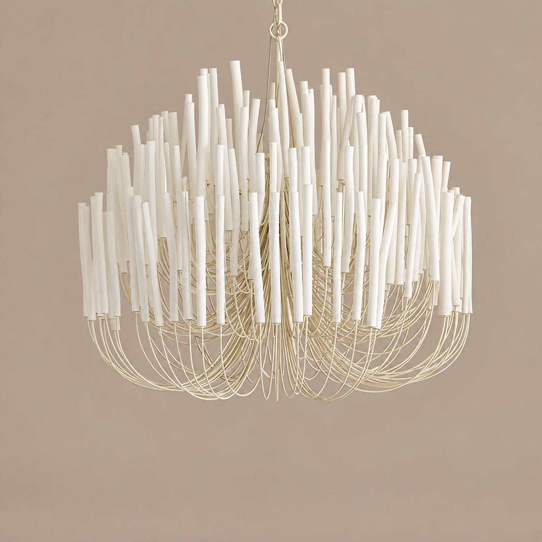CERYNE white wood chandelier with curved iron arms on a mushroom taupe background