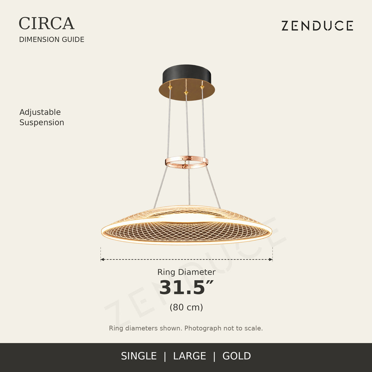 CIRCA Single Large gold chandelier dimension guide: 80 cm ring diameters