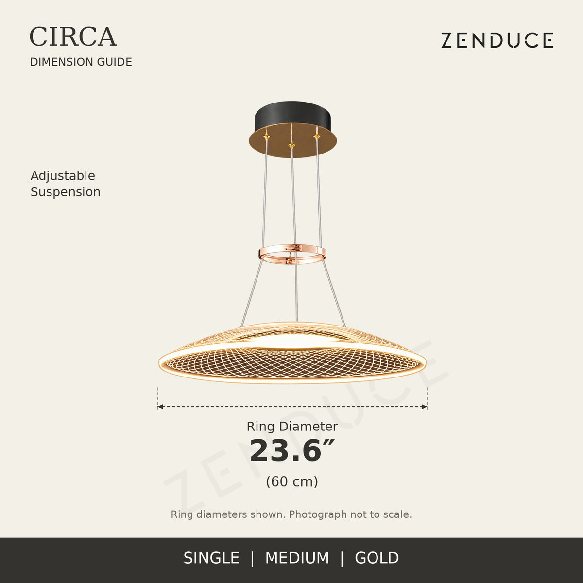 CIRCA Single Medium gold chandelier dimension guide: 60 cm ring diameters