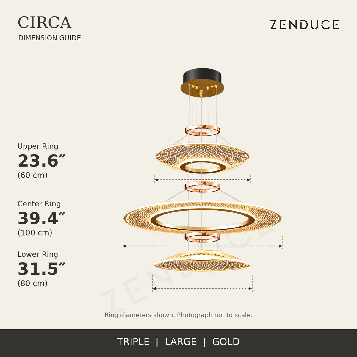 CIRCA Triple Large gold chandelier dimension guide: 60 + 100 + 80 cm ring diameters from top to bottom