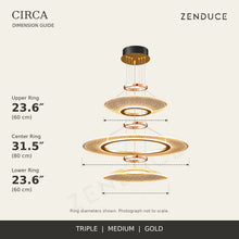 CIRCA Triple Medium gold chandelier dimension guide: 60 + 80 + 60 cm ring diameters from top to bottom