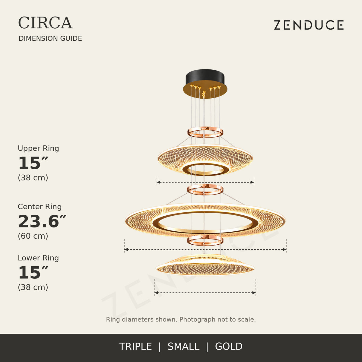 CIRCA Triple Small gold chandelier dimension guide: 38 + 60 + 38 cm ring diameters from top to bottom