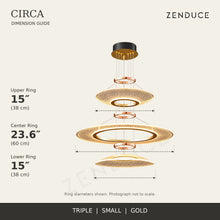 CIRCA Triple Small gold chandelier dimension guide: 38 + 60 + 38 cm ring diameters from top to bottom