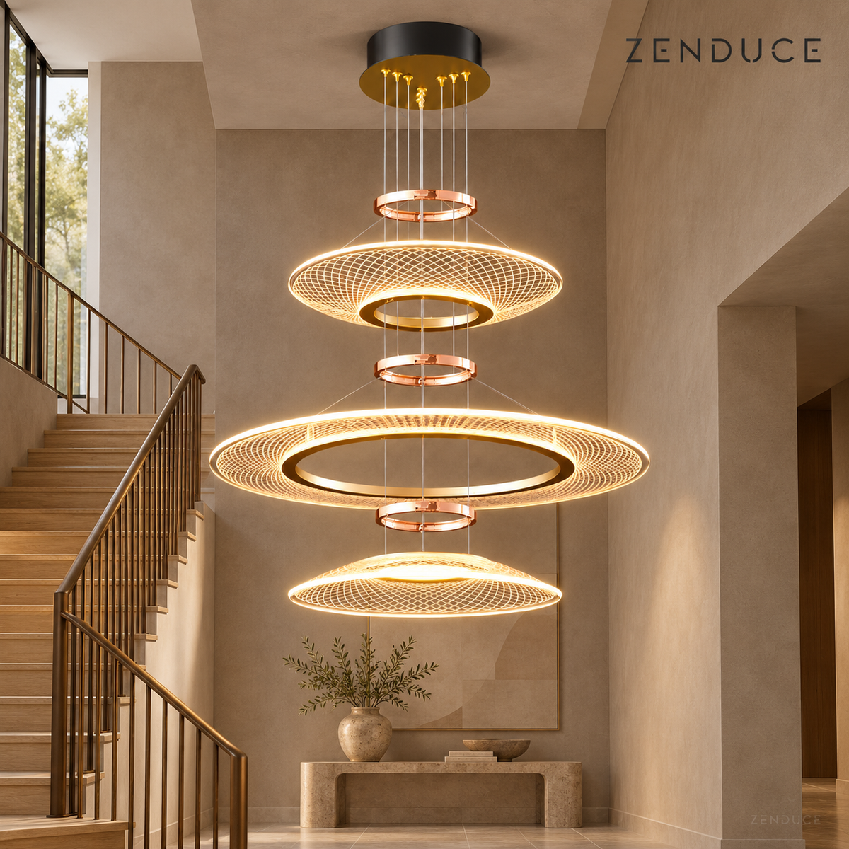 CIRCA triple-tier gold lattice chandelier in a warm taupe stairwell