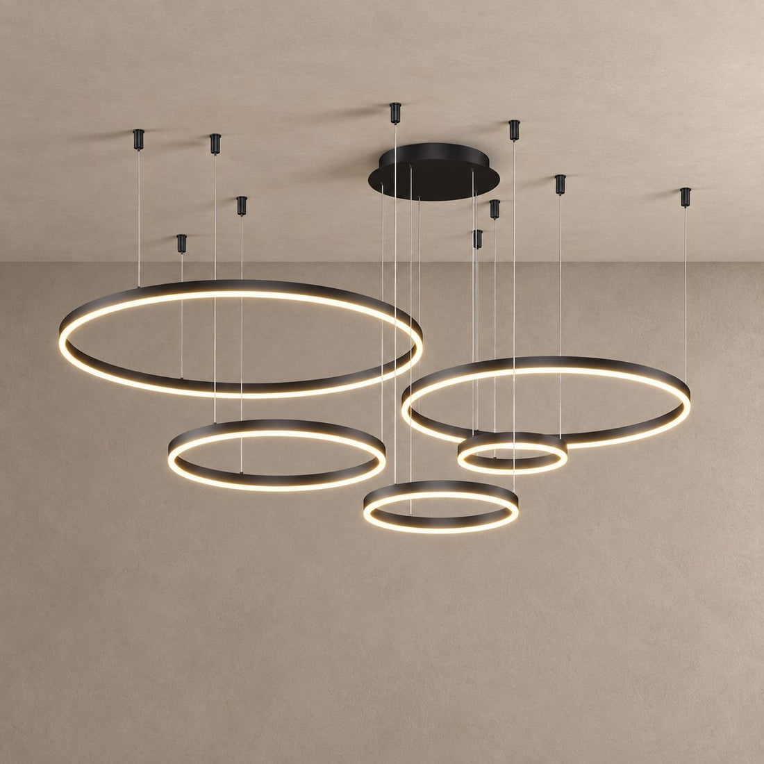 CIRCLETS chandelier on mushroom taupe with soft natural shadows