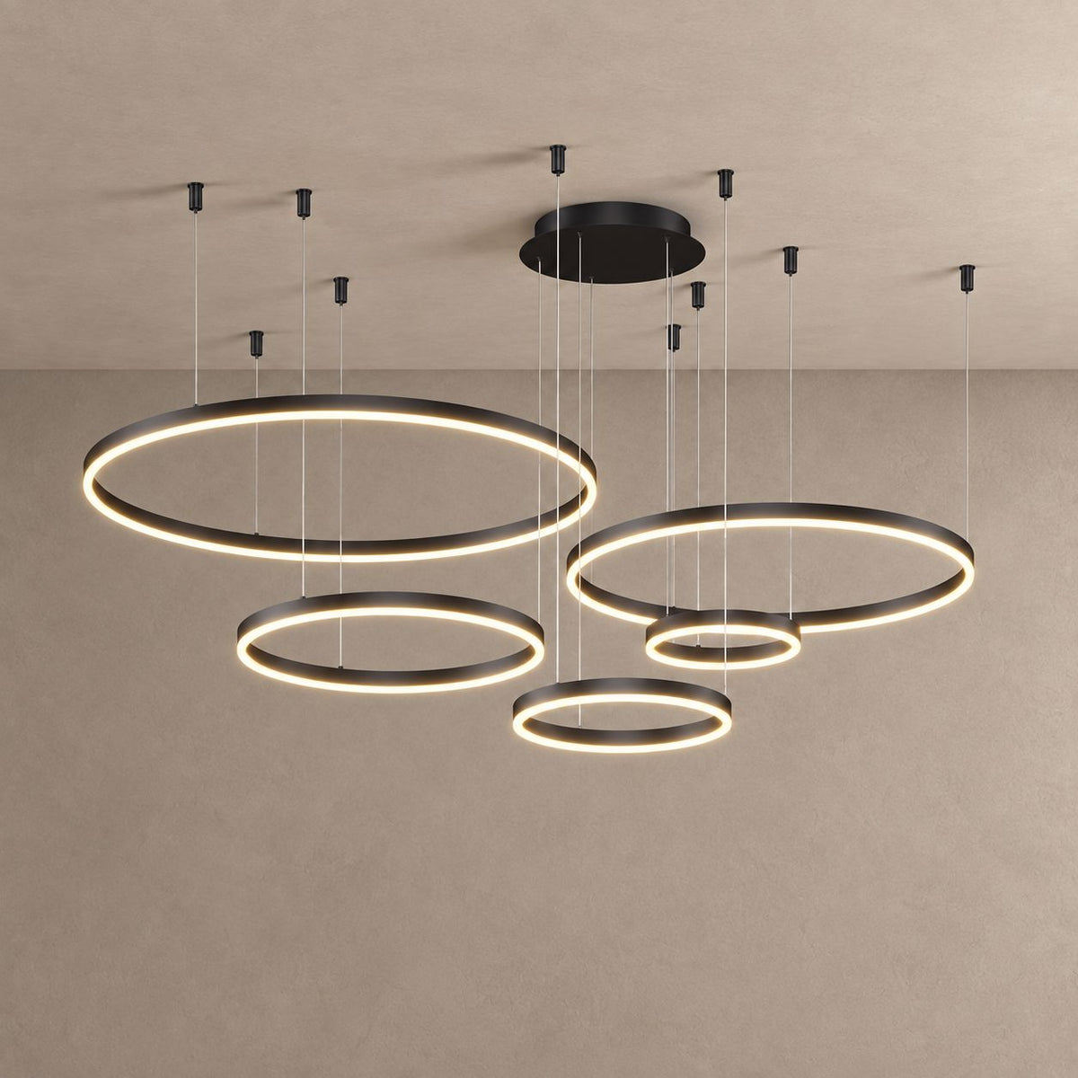 CIRCLETS chandelier on mushroom taupe with soft natural shadows