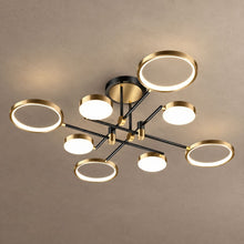 CITRA black and gold semi-flush ceiling light with four rings and four opal disks