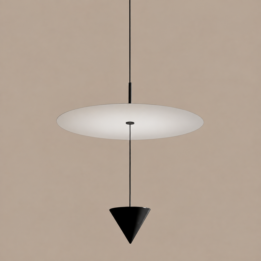 CONIA white disc and suspended black cone pendant on a mushroom taupe background