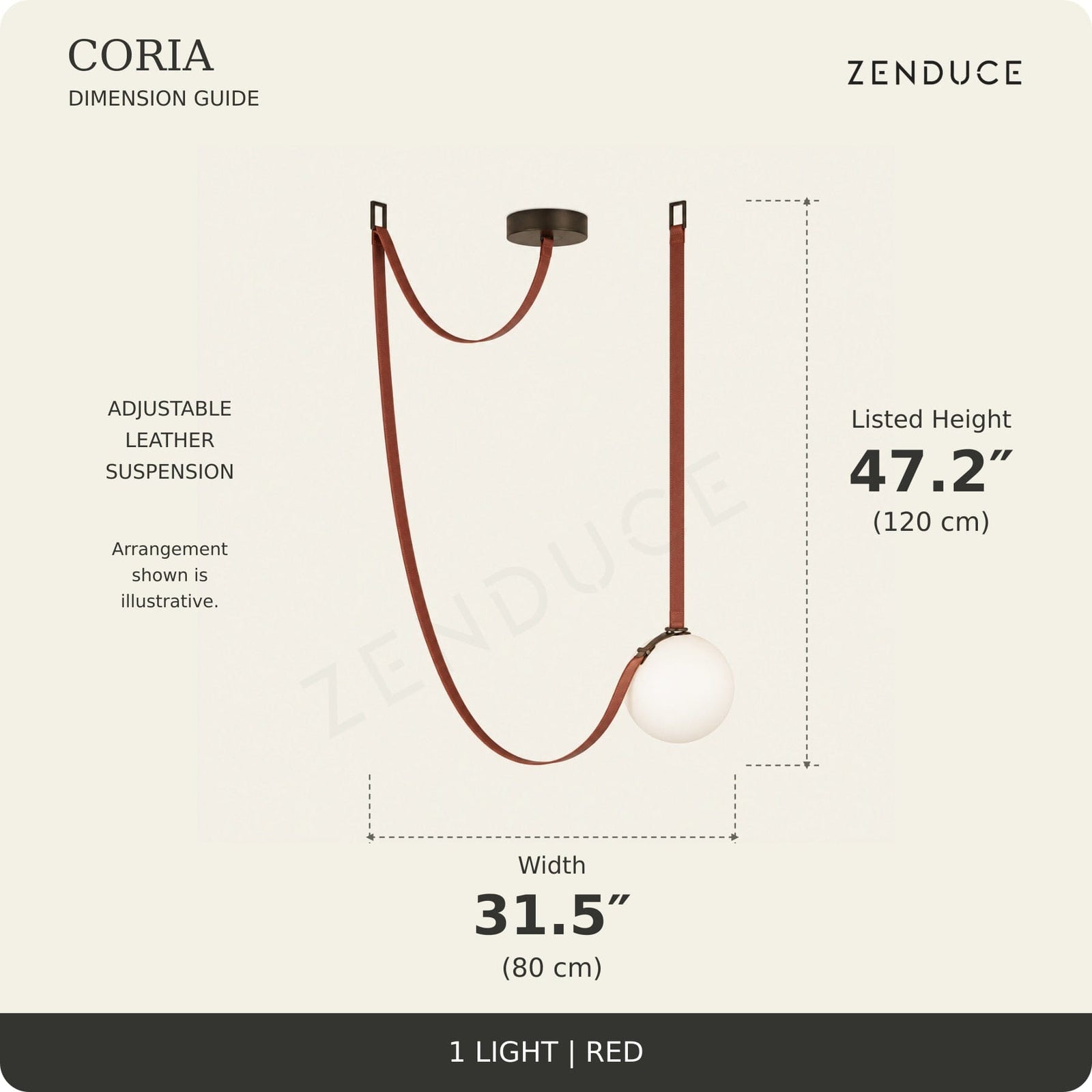 CORIA 1-light Red dimension guide showing width 31.5 inches (80 cm) and listed height 47.2 inches (120 cm), with an illustrative adjustable leather suspension arrangement