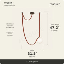 CORIA 1-light Red dimension guide showing width 31.5 inches (80 cm) and listed height 47.2 inches (120 cm), with an illustrative adjustable leather suspension arrangement