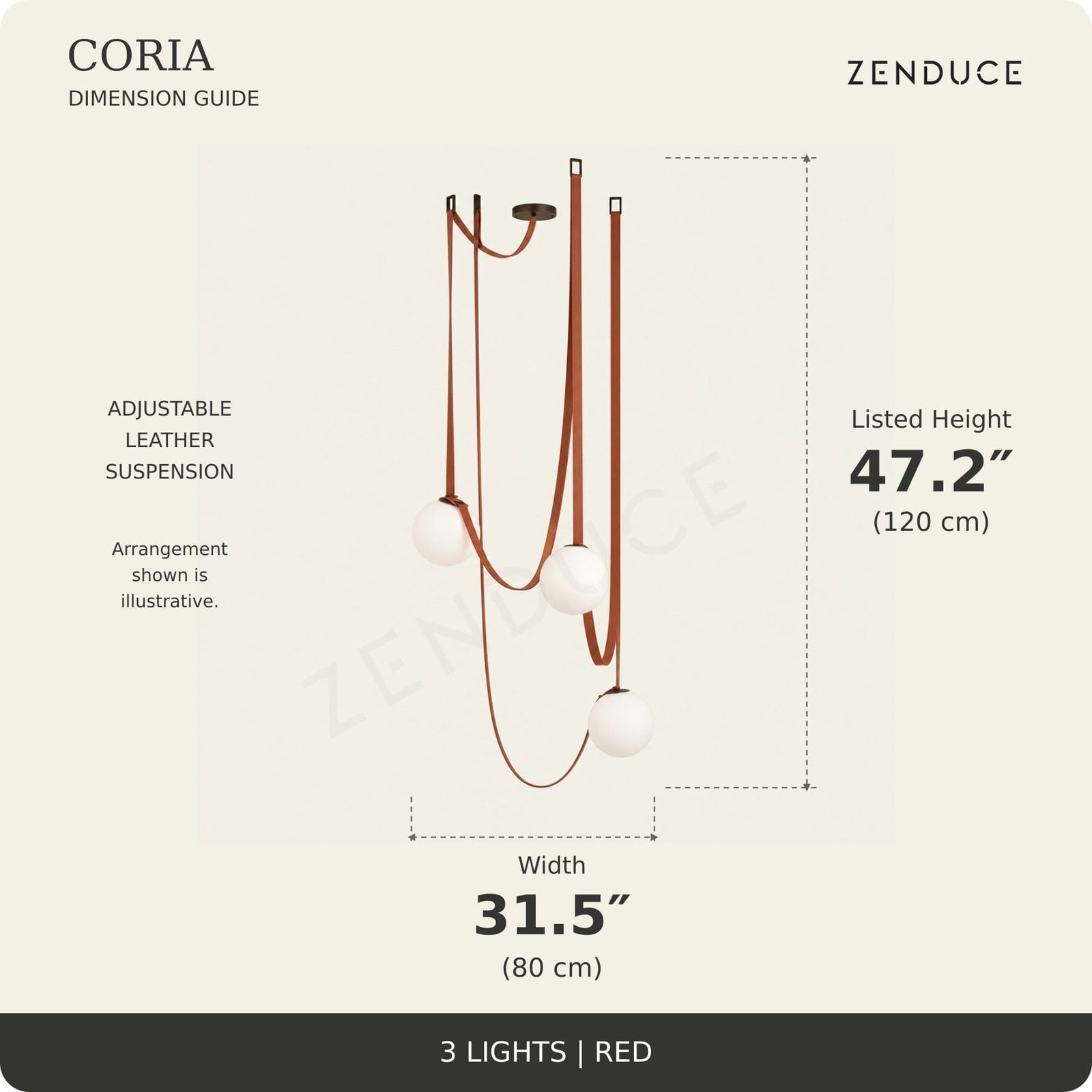 CORIA 3-light Red dimension guide showing width 31.5 inches (80 cm) and listed height 47.2 inches (120 cm), with an illustrative adjustable leather suspension arrangement