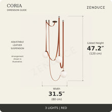 CORIA 3-light Red dimension guide showing width 31.5 inches (80 cm) and listed height 47.2 inches (120 cm), with an illustrative adjustable leather suspension arrangement