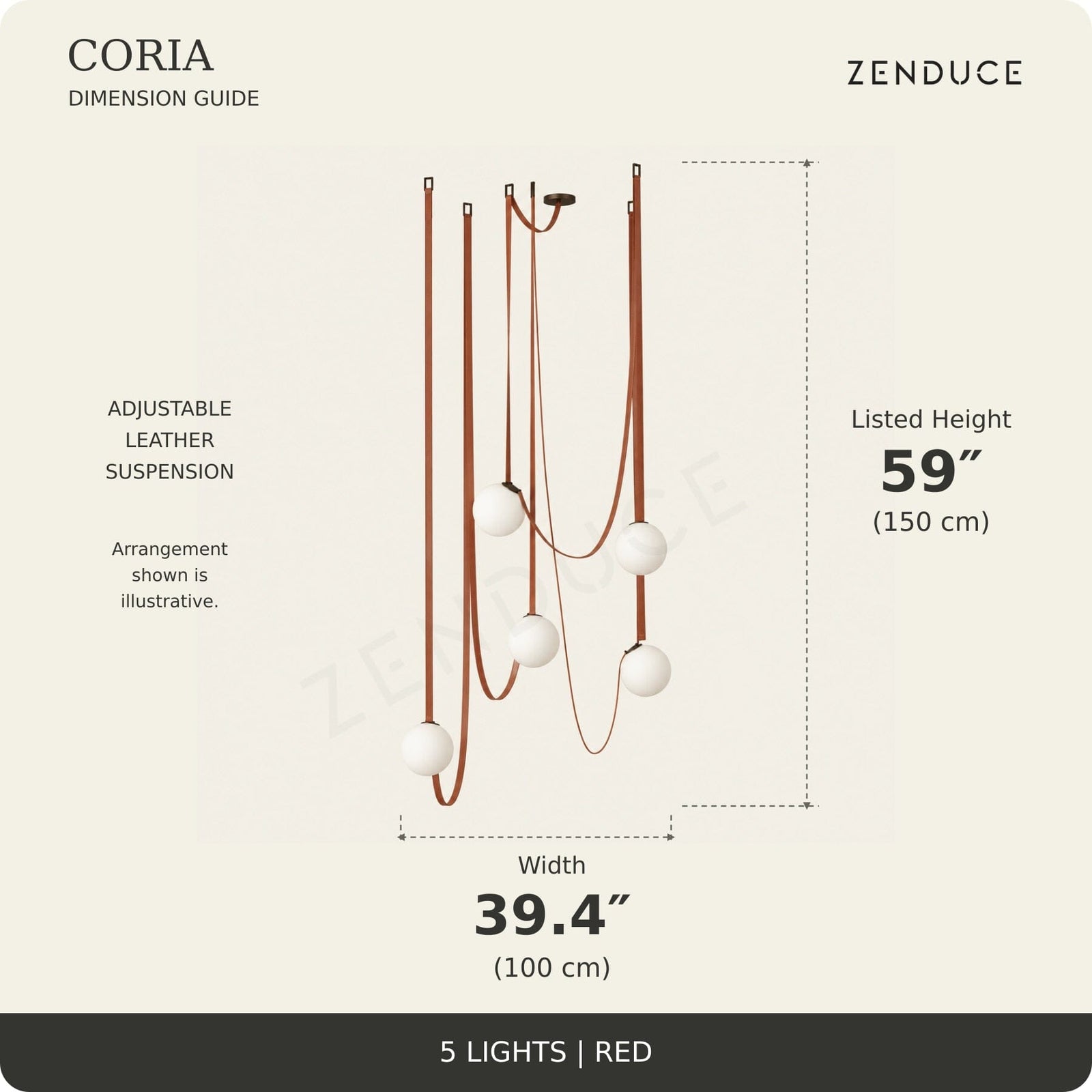 CORIA 5-light Red dimension guide showing width 39.4 inches (100 cm) and listed height 59 inches (150 cm), with an illustrative adjustable leather suspension arrangement
