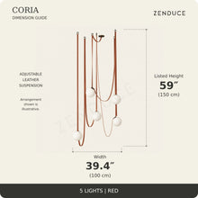 CORIA 5-light Red dimension guide showing width 39.4 inches (100 cm) and listed height 59 inches (150 cm), with an illustrative adjustable leather suspension arrangement