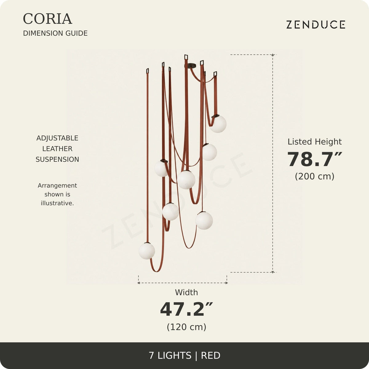 CORIA 7-light Red dimension guide showing width 47.2 inches (120 cm) and listed height 78.7 inches (200 cm), with an illustrative adjustable leather suspension arrangement