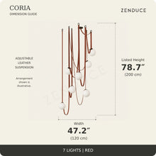 CORIA 7-light Red dimension guide showing width 47.2 inches (120 cm) and listed height 78.7 inches (200 cm), with an illustrative adjustable leather suspension arrangement