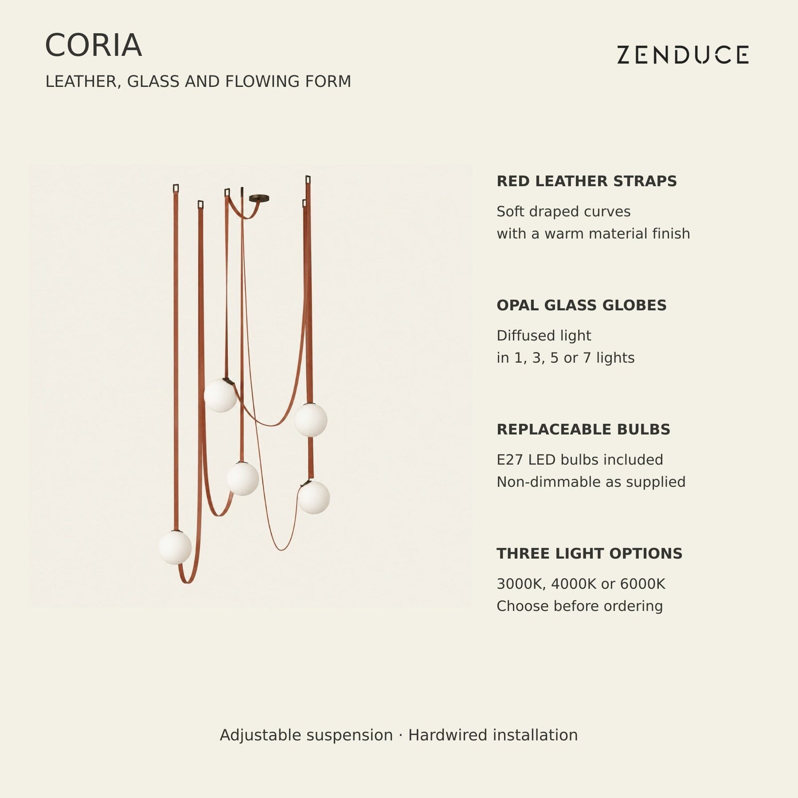 CORIA feature guide: red leather straps, opal glass globes, replaceable E27 LED bulbs, non-dimmable configuration, three separate light-temperature choices and adjustable hardwired suspension