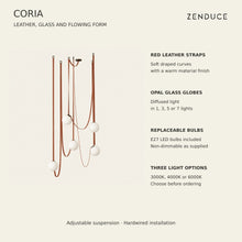 CORIA feature guide: red leather straps, opal glass globes, replaceable E27 LED bulbs, non-dimmable configuration, three separate light-temperature choices and adjustable hardwired suspension