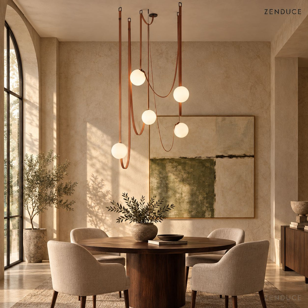 CORIA five-light Red leather and opal glass chandelier over a round walnut dining table