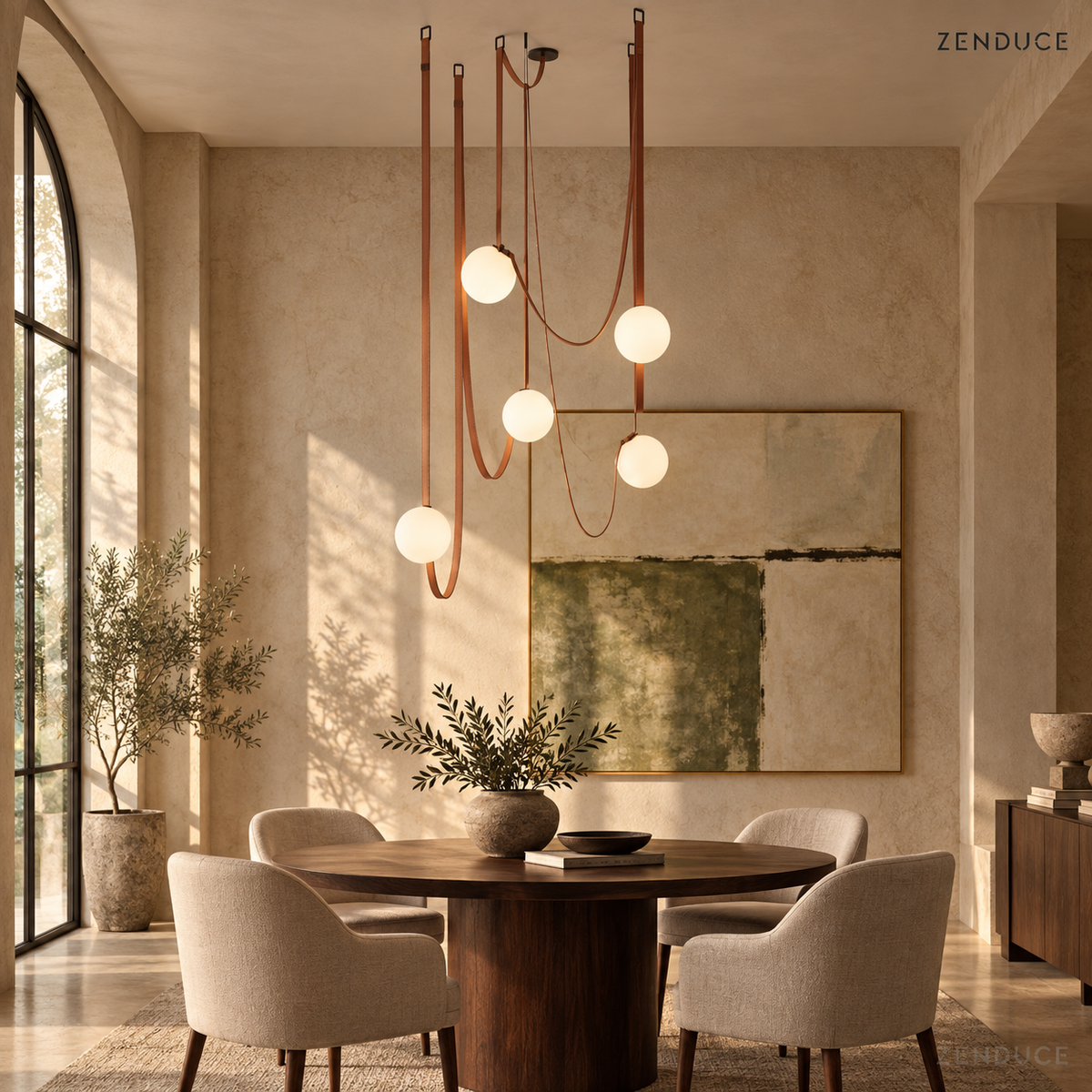 CORIA five-light Red leather and opal glass chandelier over a round walnut dining table