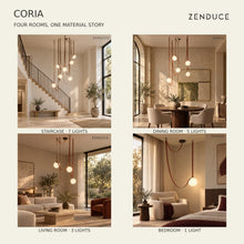 CORIA in four photographic interiors: a seven-light staircase, five-light dining room, three-light living room and one-light bedroom reading corner