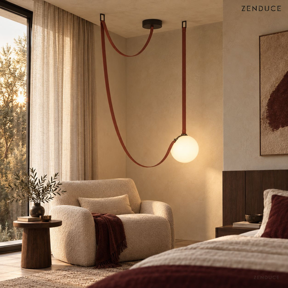 CORIA one-light Red leather and opal glass fixture in a bedroom reading corner