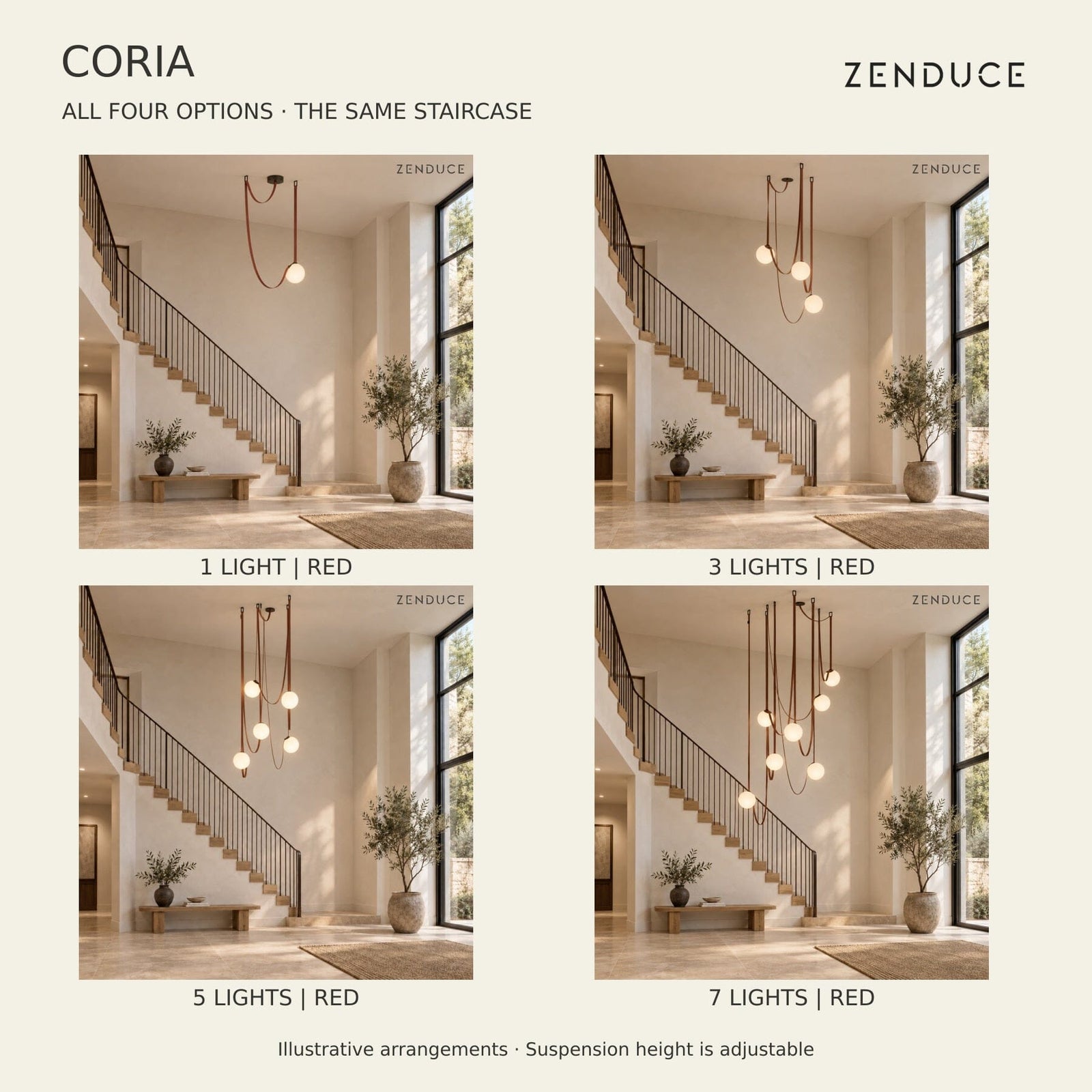 CORIA 1, 3, 5 and 7-light Red variants in the same photographic staircase interior with matching camera, furniture and lighting; illustrative adjustable hanging arrangements