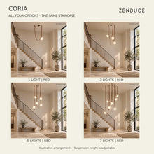 CORIA 1, 3, 5 and 7-light Red variants in the same photographic staircase interior with matching camera, furniture and lighting; illustrative adjustable hanging arrangements
