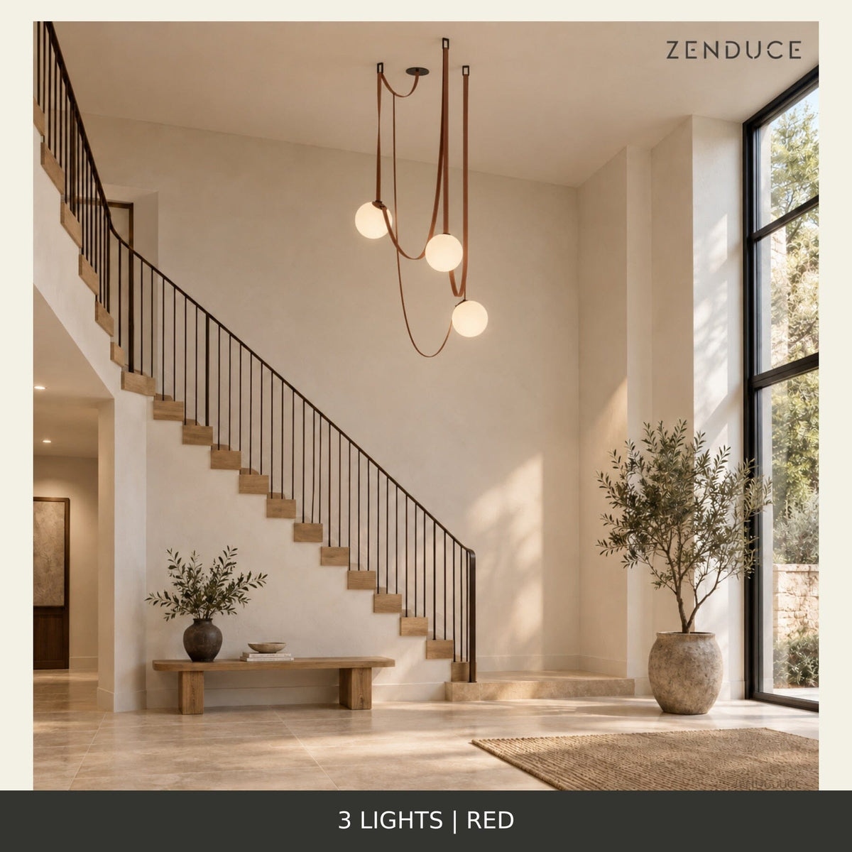 CORIA 3-light Red leather and opal glass chandelier in the shared staircase setting, showing an illustrative adjustable suspension arrangement