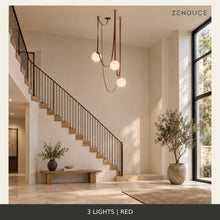 CORIA 3-light Red leather and opal glass chandelier in the shared staircase setting, showing an illustrative adjustable suspension arrangement