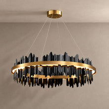 CRYPTIC chandelier with natural ceiling shadows against a mushroom taupe background