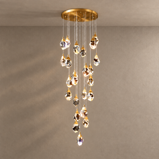 CRYSTAL ROCK (GRAND) chandelier on mushroom taupe plaster with natural shadows