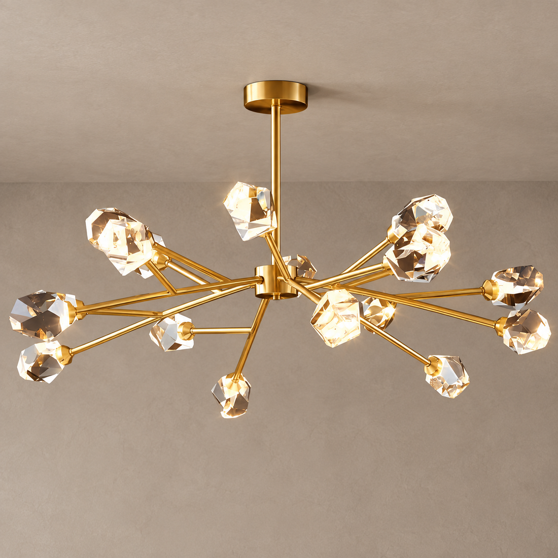 CRYSTAL ROCK semi-flush gold chandelier with faceted crystal heads against mushroom taupe plaster and natural shadows
