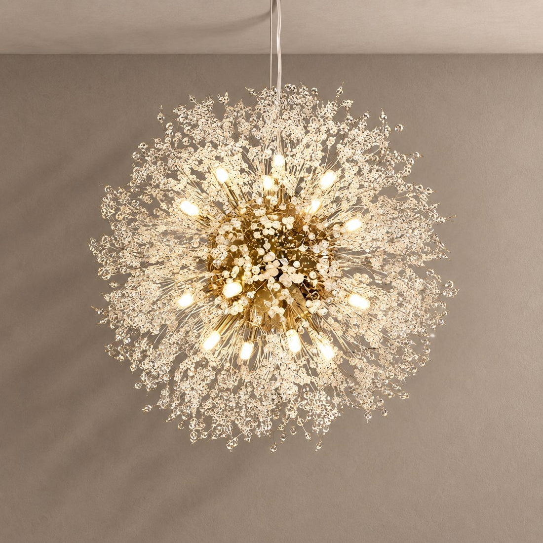 DANDELION chandelier on mushroom taupe with soft natural shadows